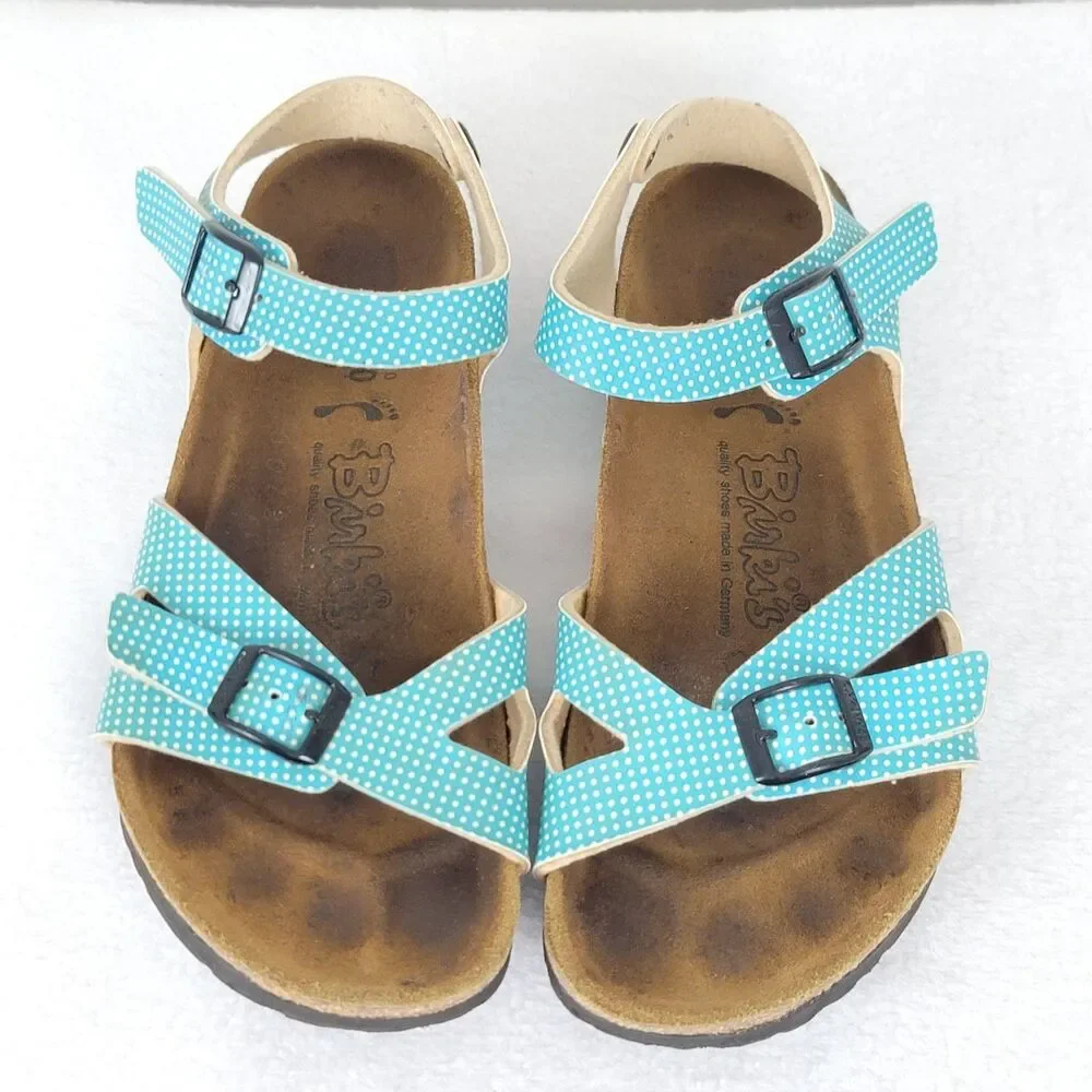 Birkenstock Turquoise White Polka Dot  Sandals Sz 34 Kids 3.5 Strappy Leather